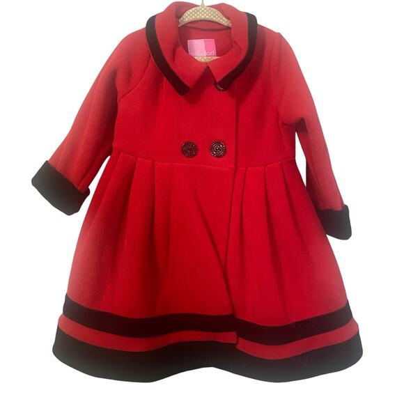 GoodLad Bright Red Girls Fleece Swing Coat Double Breasted Black Buttons Sz 3T - Picture 1 of 11